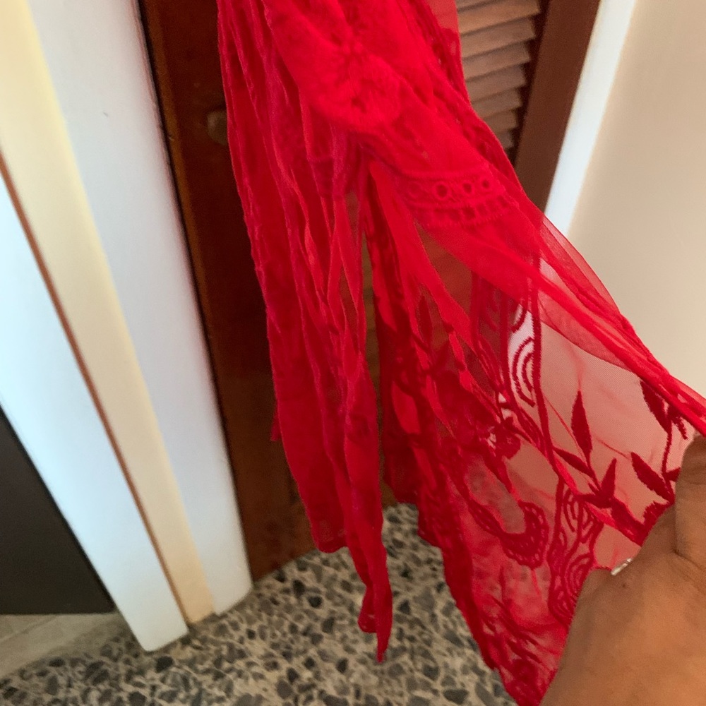 Floor length lace dress deep v neck.